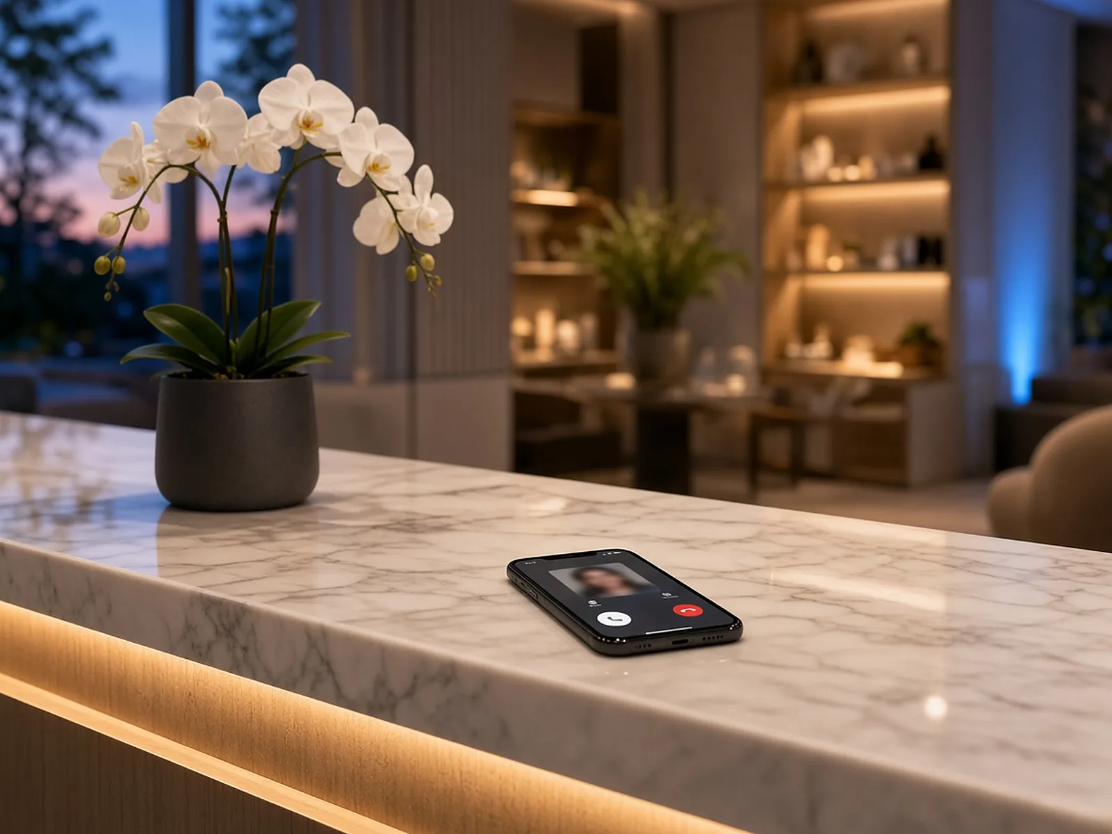 A quiet spa front desk at dusk with a phone receiving a call